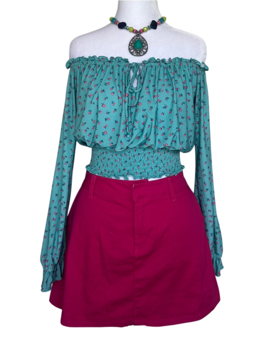 Guess Teal Ditsy Floral Smocked Long-sleeve Blouse with Keyhole Tie
